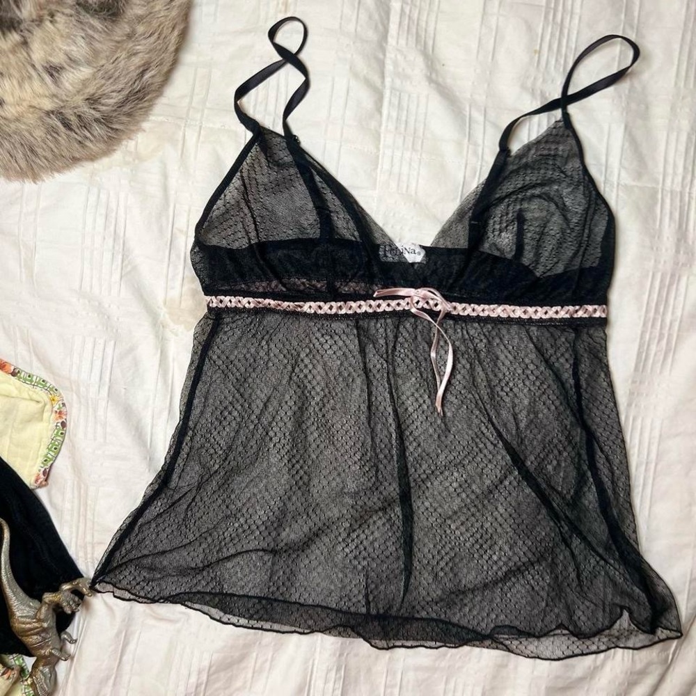 Black mesh babydoll top with pink ribbon